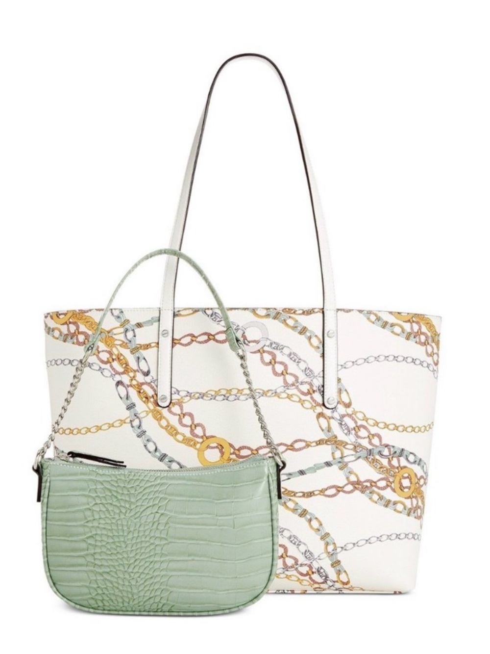 *NWT* - INC 2-PC SET - White Chain-Print Tote with Mint Green Croc Shoulder Bag